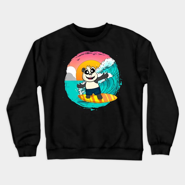 Panda Riding A Surfboard Catching Waves Crewneck Sweatshirt by Bluebird Moon